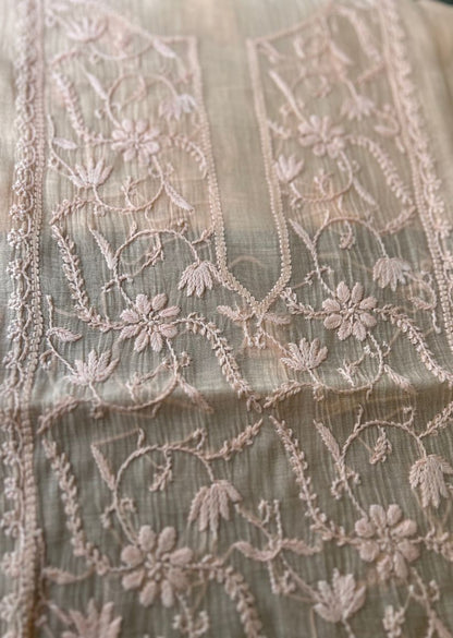 Firgun Pale Orange Lucknowi Chikankari Mul Chanderi Unstitched Kurta & Dupatta Set