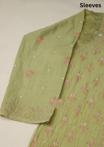 Firgun Mehendi Green Lucknowi Chikankari & Pearl Work Mul Chanderi Unstitched Kurta & Dupatta Set