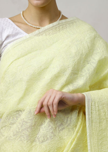 Firgun Hand Embroidered Lemon Lucknowi Chikankari Kota Doria Tepchi Work Saree with Blouse Piece
