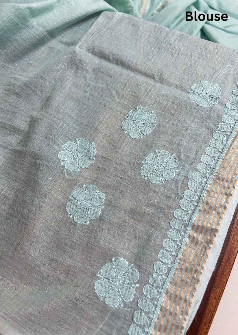 Firgun Mint Green Lucknowi Chikankari Mul Cotton Saree with Unstitched Blouse Piece
