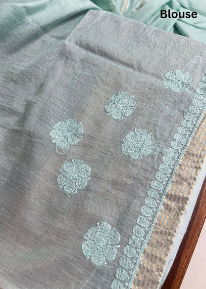 Firgun Mint Green Lucknowi Chikankari Mul Cotton Saree with Unstitched Blouse Piece