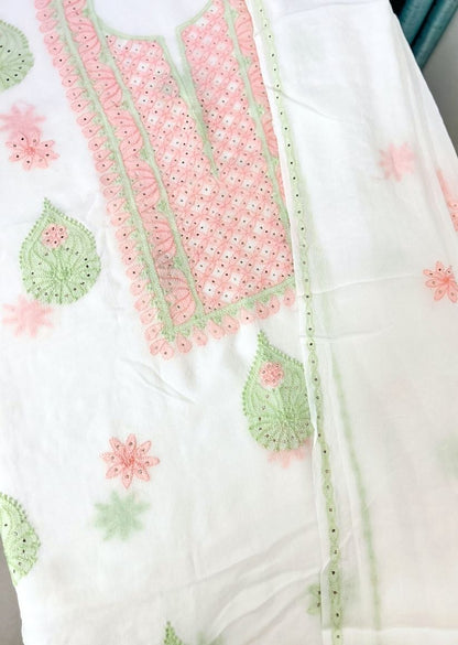 Firgun White Lucknowi Chikankari & Mukaish Work Viscose Georgette Unstitched Kurta & Dupatta Set