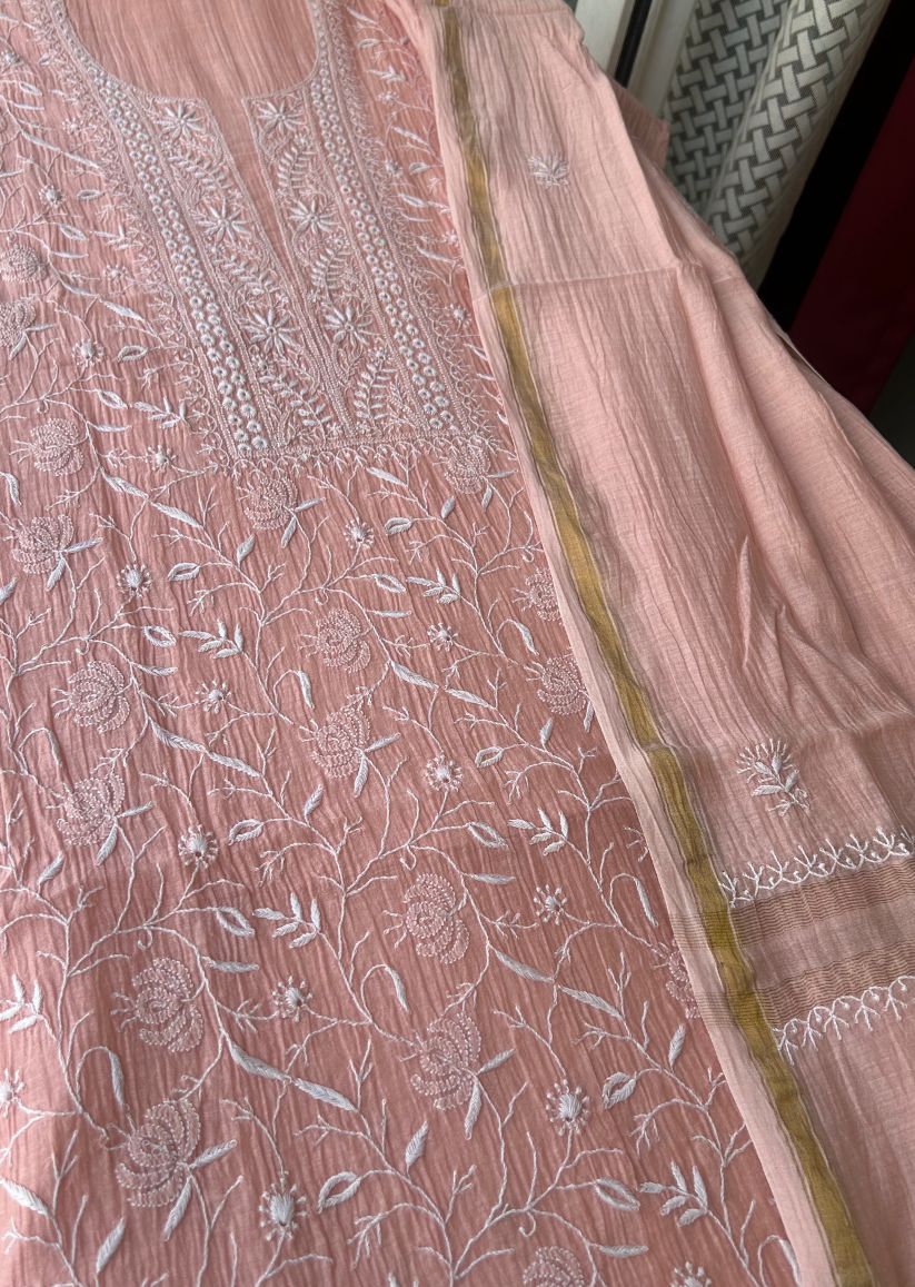 Firgun Peach Lucknowi Chikankari Mul Chanderi Unstitched Kurta & Dupatta Set