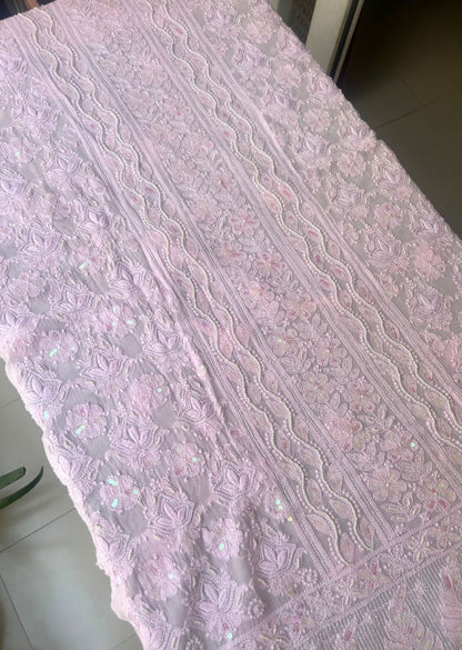 Firgun Baby Pink Lucknowi Chikankari Viscose Georgette Unstitched Kurta & Dupatta Set