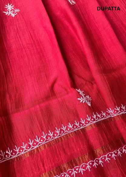 Firgun Red Lucknowi Chikankari Mul Chanderi Unstitched Kurta & Dupatta Set with Pearl & Cutdana Work