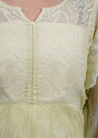 Firgun Pista Green Lucknowi Chikankari Viscose Mul Chanderi Semi-stitched Anarkali & Dupatta Set