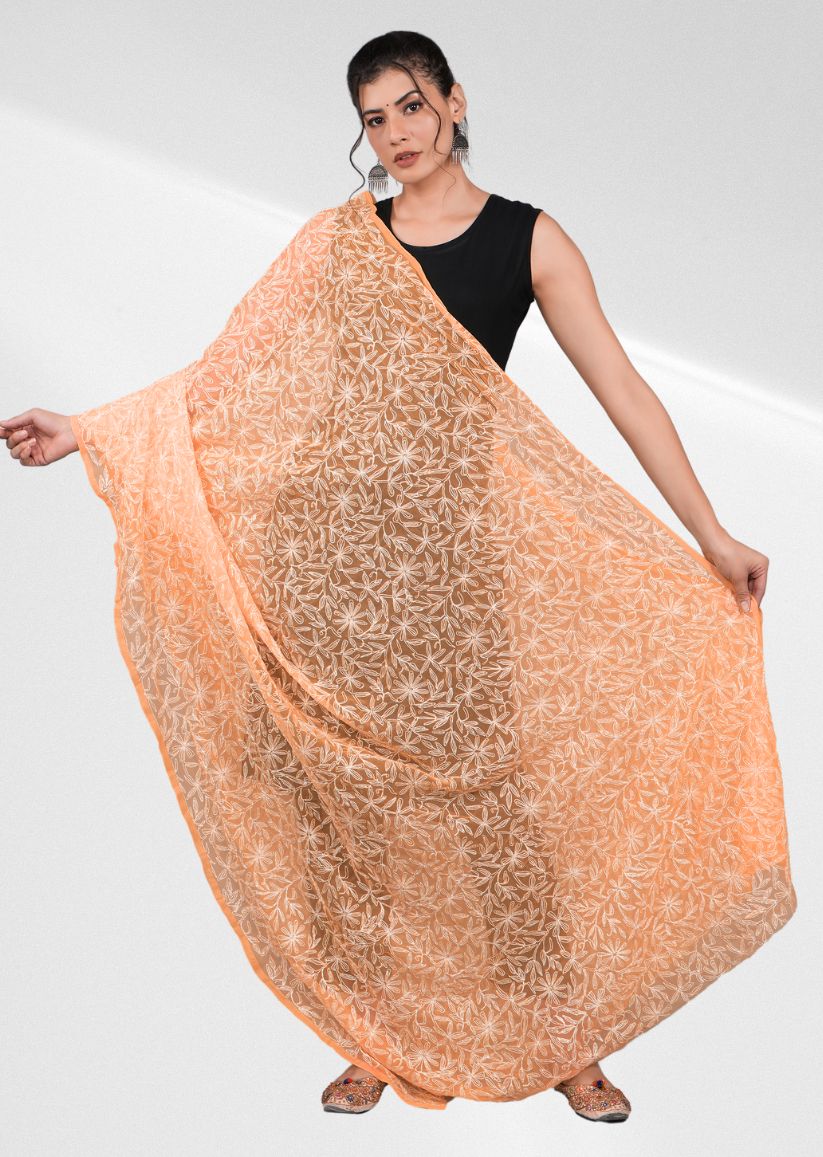 Firgun Orange Tepchi Lucknowi Chikankari Georgette Dupatta1