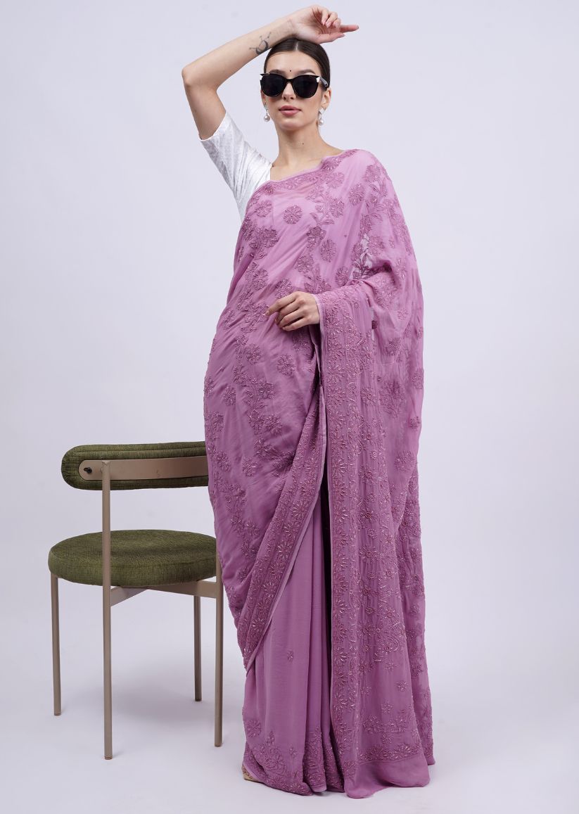 Firgun Wine Lucknowi Chikankari Viscose Georgette Saree with Unstitched Blouse Piece