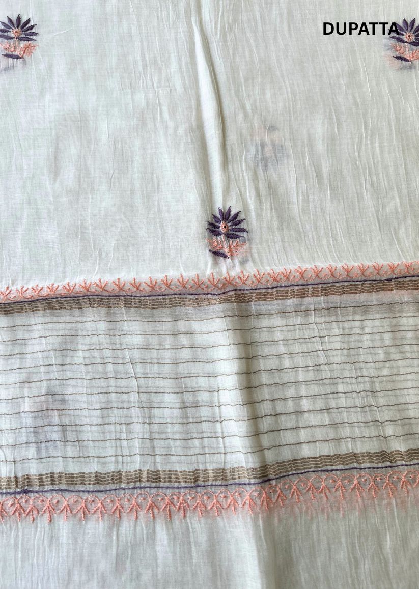 Firgun White Lucknowi Chikankari with Wine & Peach Work Mul Chanderi Unstitched Kurta & Dupatta Set