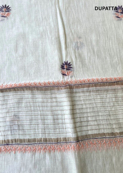 Firgun White Lucknowi Chikankari with Wine & Peach Work Mul Chanderi Unstitched Kurta & Dupatta Set