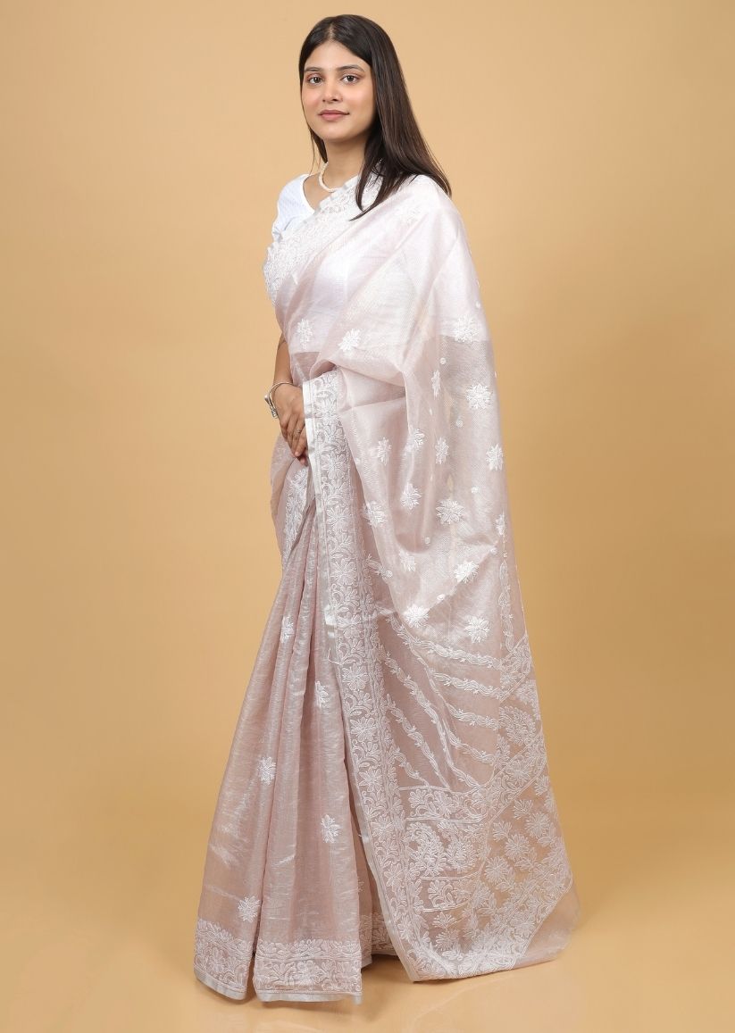 Firgun Pink Lucknowi Chikankari Tissue Organza Saree with Blouse Piece