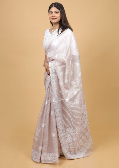 Firgun Pink Lucknowi Chikankari Tissue Organza Saree with Blouse Piece