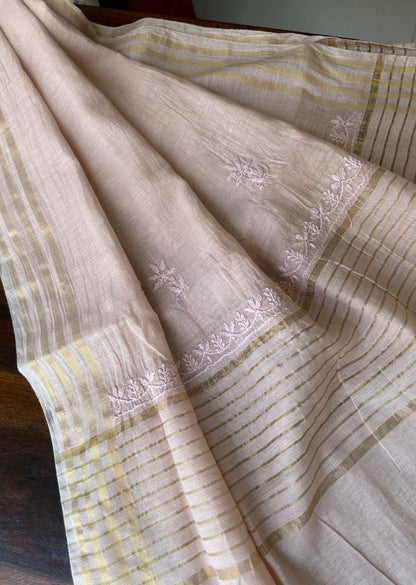 Firgun Dusty Beige Lucknowi Chikankari Mul Chanderi Unstitched Kurta & Dupatta Set