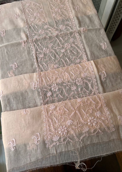 Firgun Pale Orange Lucknowi Chikankari Mul Chanderi Unstitched Kurta & Dupatta Set