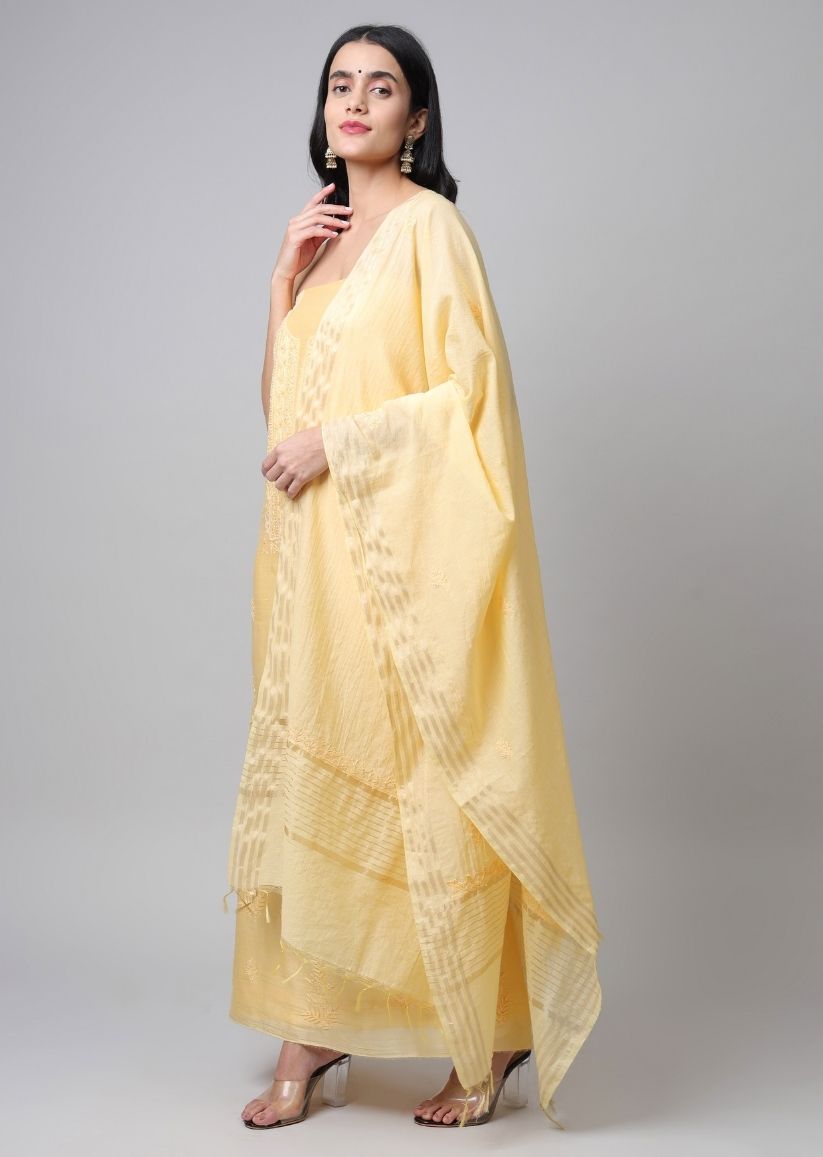 Firgun Yellow Lucknowi Chikankari with Pearl Work Chanderi Unstitched Kurta & Dupatta Set