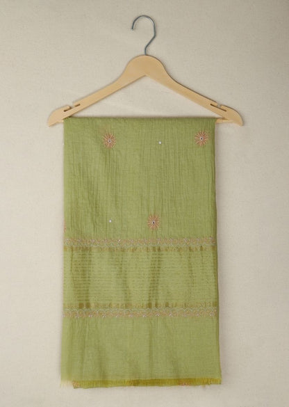 Firgun Mehendi Green Lucknowi Chikankari & Pearl Work Mul Chanderi Unstitched Kurta & Dupatta Set