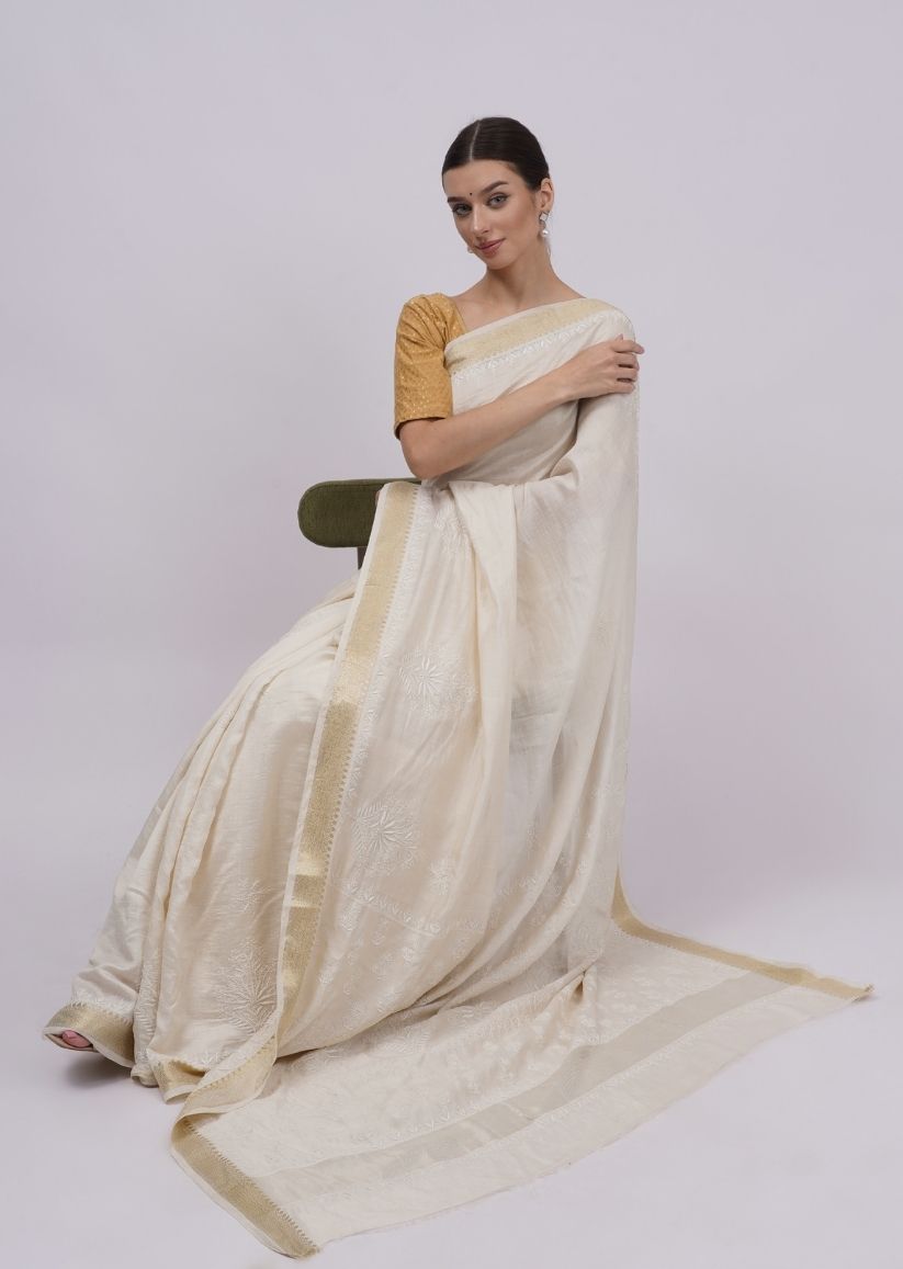Firgun Ivory Lucknowi Chikankari Silk Saree with Unstitched Blouse Piece
