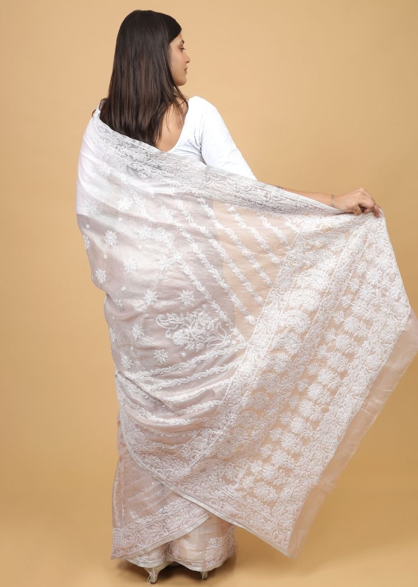 Firgun Pink Lucknowi Chikankari Tissue Organza Saree with Blouse Piece