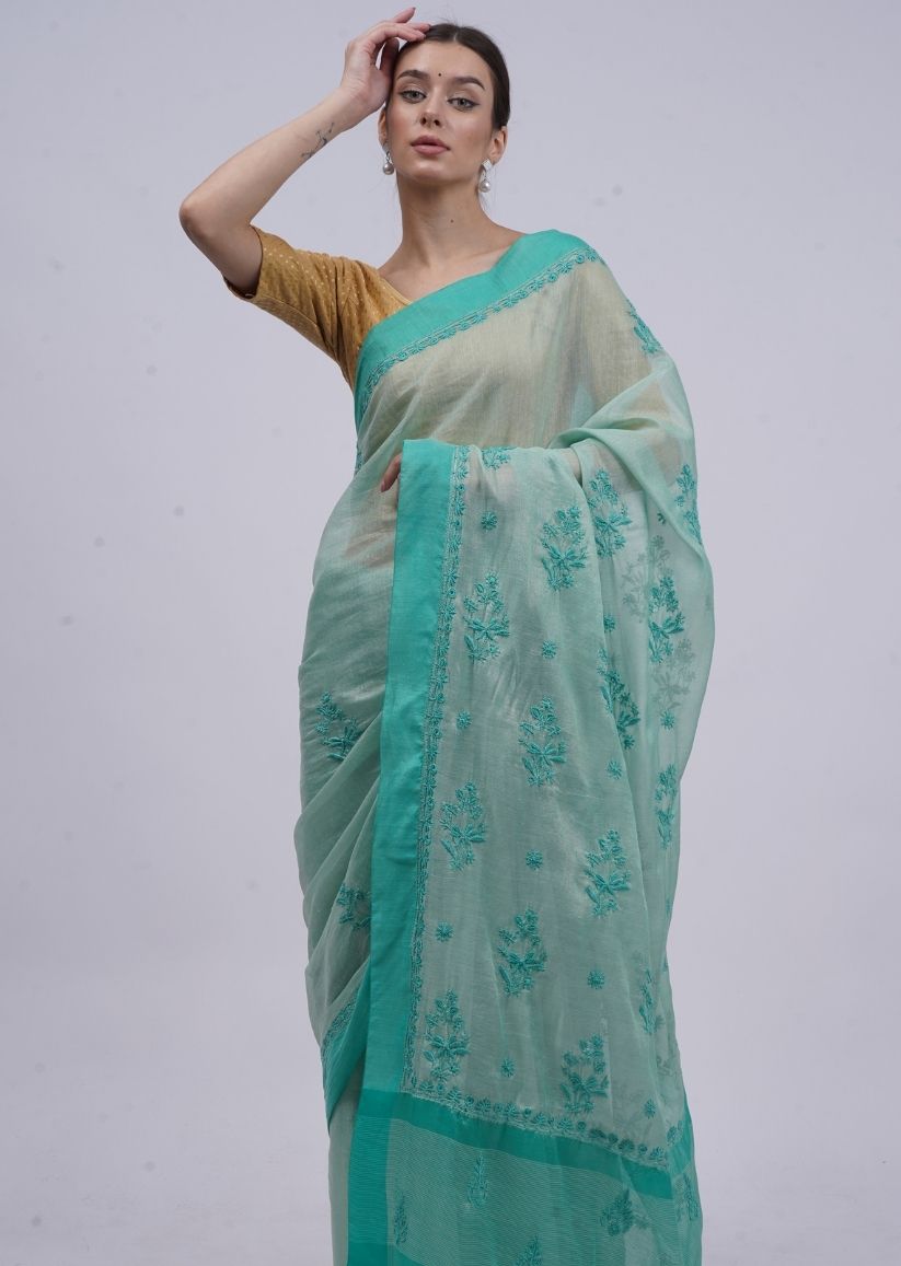 Firgun Green Lucknowi Chikankari Organza Tissue Saree with Unstitched Blouse Piece