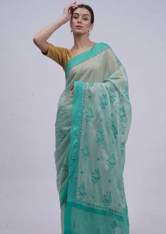 Firgun Green Lucknowi Chikankari Organza Tissue Saree with Unstitched Blouse Piece