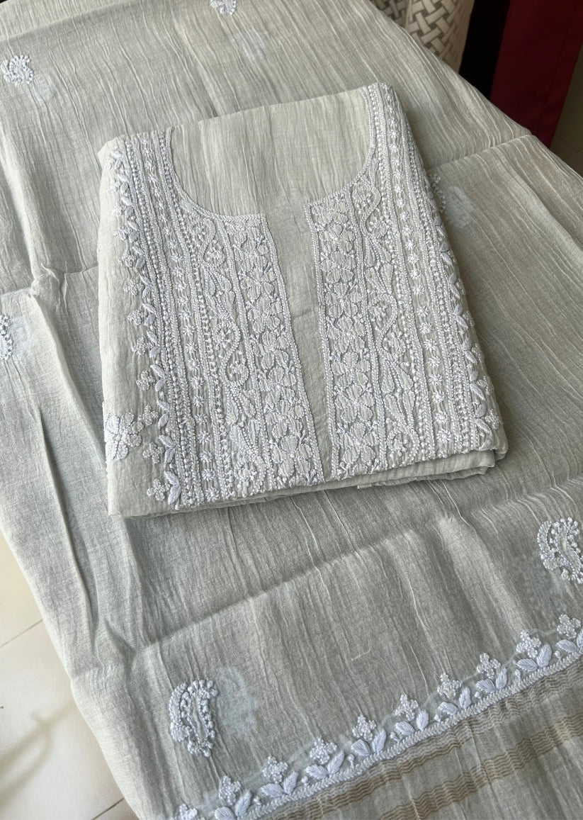 Firgun Grey Lucknowi Chikankari Mul Chanderi Unstitched Kurta & Dupatta Set