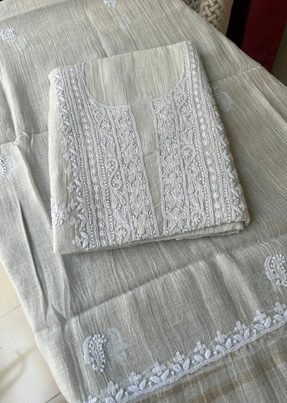 Firgun Grey Lucknowi Chikankari Mul Chanderi Unstitched Kurta & Dupatta Set