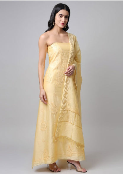 Firgun Yellow Lucknowi Chikankari with Pearl Work Chanderi Unstitched Kurta & Dupatta Set