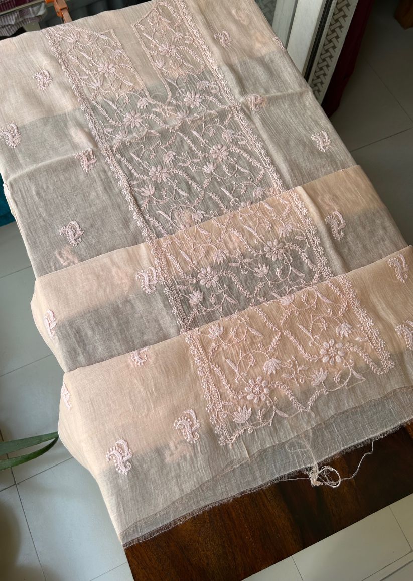 Firgun Pale Orange Lucknowi Chikankari Mul Chanderi Unstitched Kurta & Dupatta Set