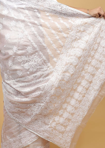 Firgun Pink Lucknowi Chikankari Tissue Organza Saree with Blouse Piece