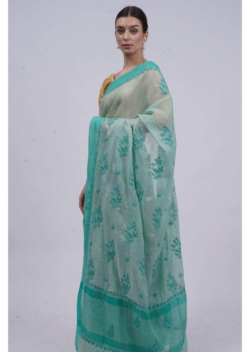 Firgun Green Lucknowi Chikankari Organza Tissue Saree with Unstitched Blouse Piece