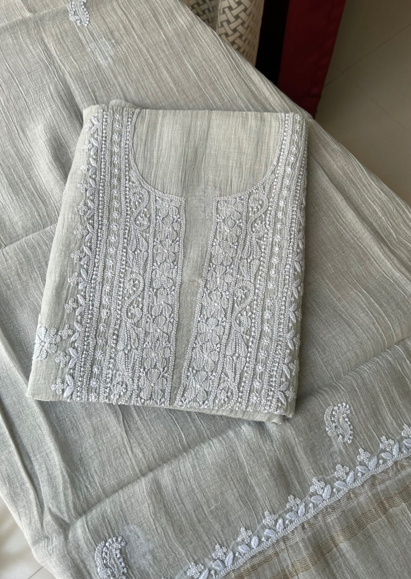 Firgun Grey Lucknowi Chikankari Mul Chanderi Unstitched Kurta & Dupatta Set