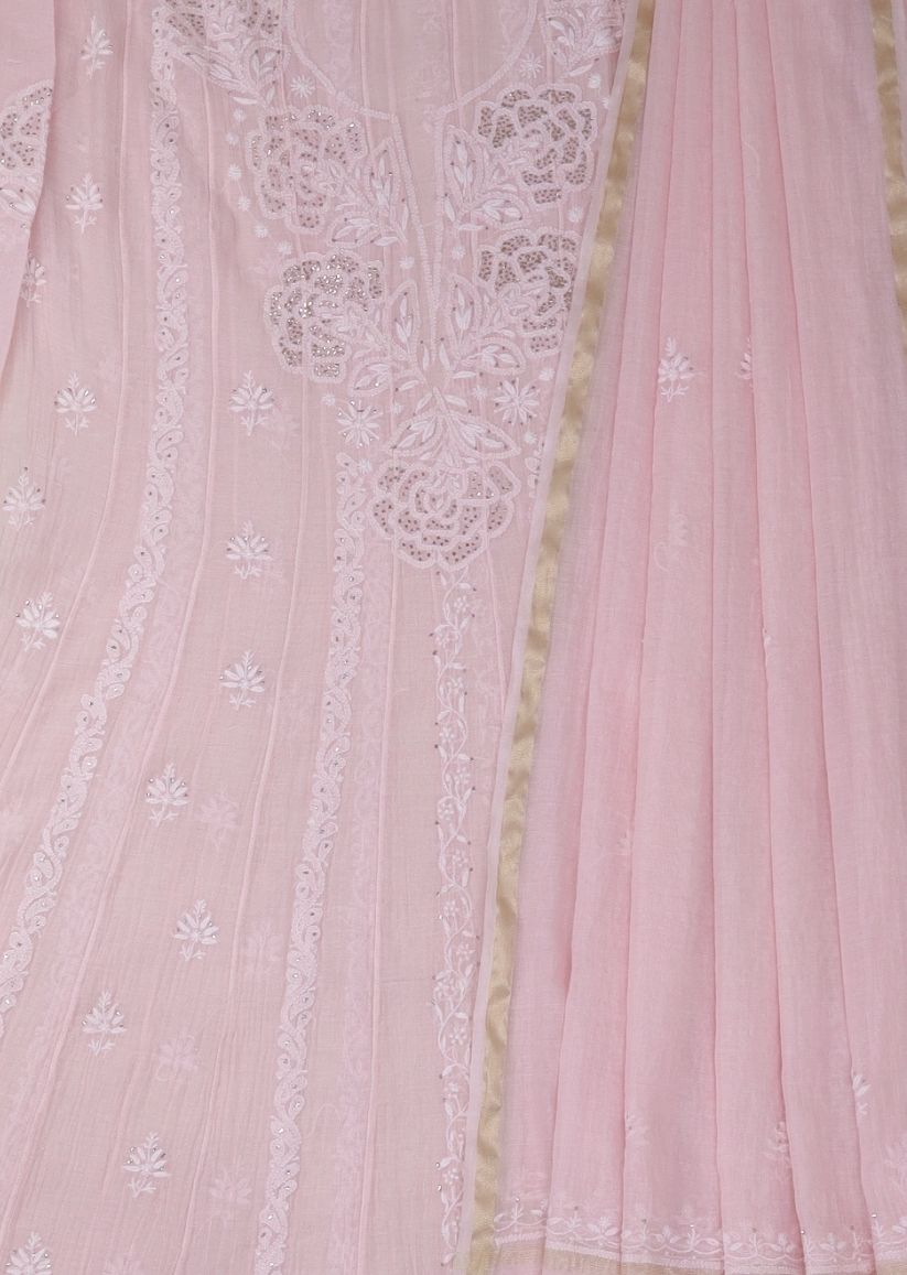 Firgun Blush Pink Lucknowi Chikankari Mul Chanderi Anarkali Styled Unstitched Kurta & Dupatta Set