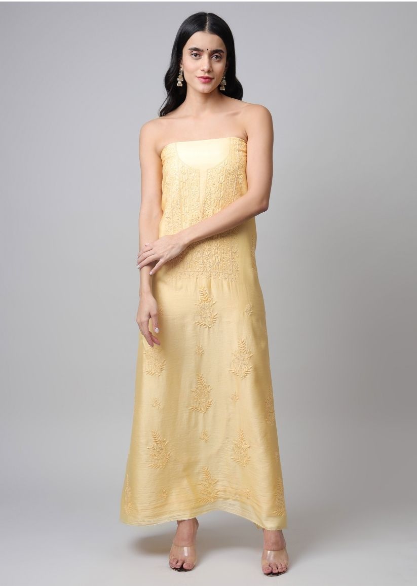 Firgun Yellow Lucknowi Chikankari with Pearl Work Chanderi Unstitched Kurta & Dupatta Set