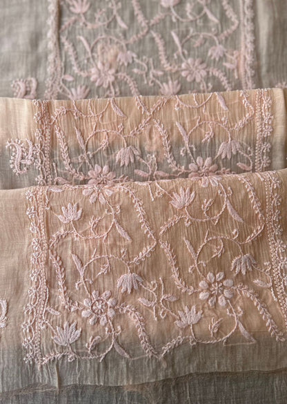 Firgun Pale Orange Lucknowi Chikankari Mul Chanderi Unstitched Kurta & Dupatta Set