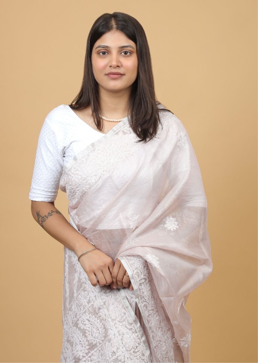 Firgun Pink Lucknowi Chikankari Tissue Organza Saree with Blouse Piece