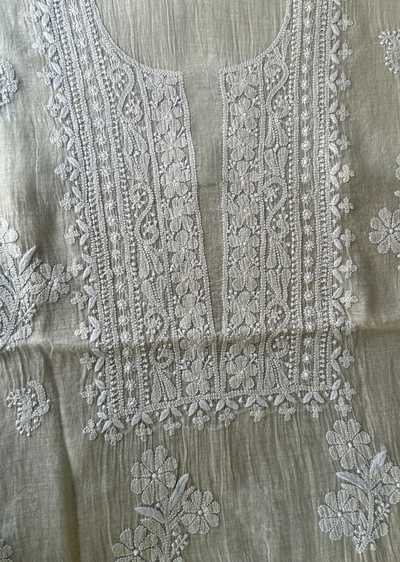 Firgun Grey Lucknowi Chikankari Mul Chanderi Unstitched Kurta & Dupatta Set