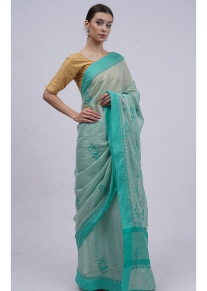 Firgun Green Lucknowi Chikankari Organza Tissue Saree with Unstitched Blouse Piece