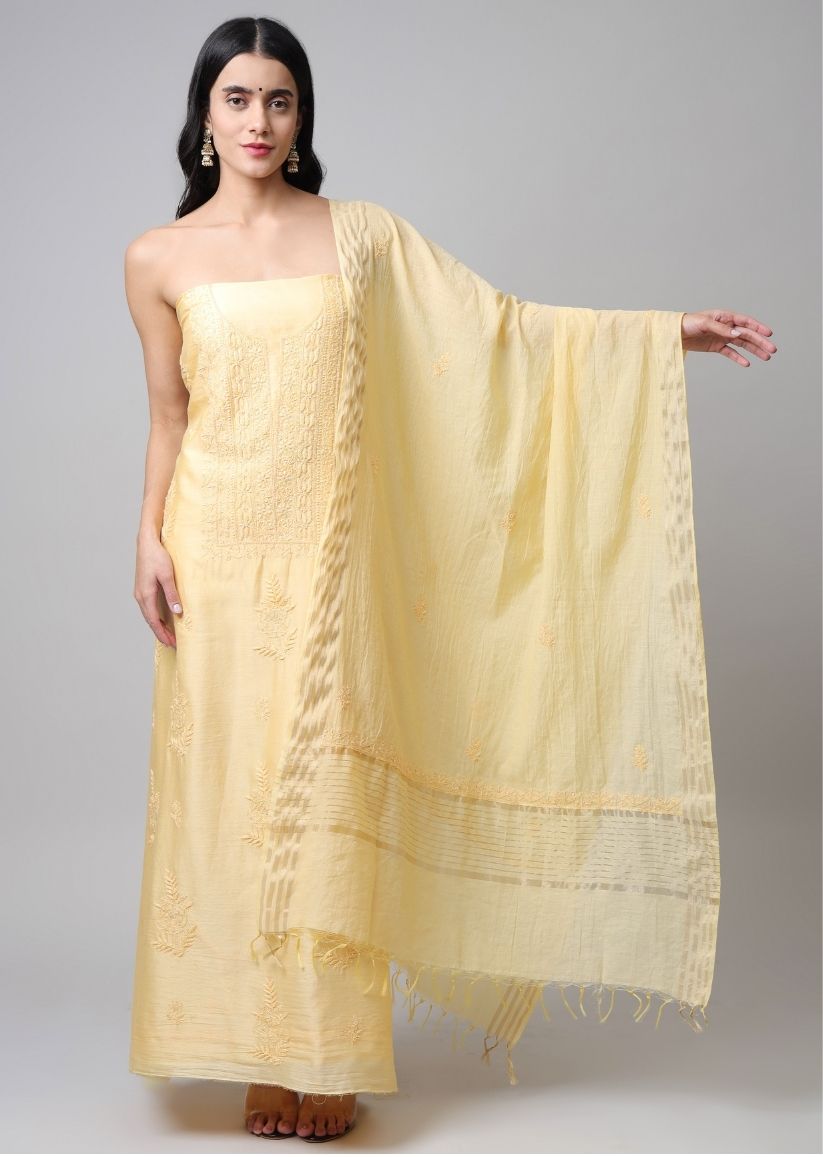 Firgun Yellow Lucknowi Chikankari with Pearl Work Chanderi Unstitched Kurta & Dupatta Set