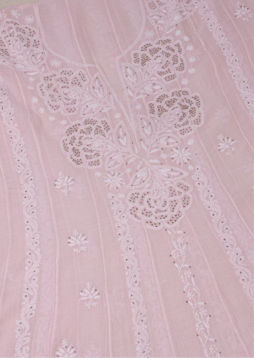 Firgun Blush Pink Lucknowi Chikankari Mul Chanderi Anarkali Styled Unstitched Kurta & Dupatta Set