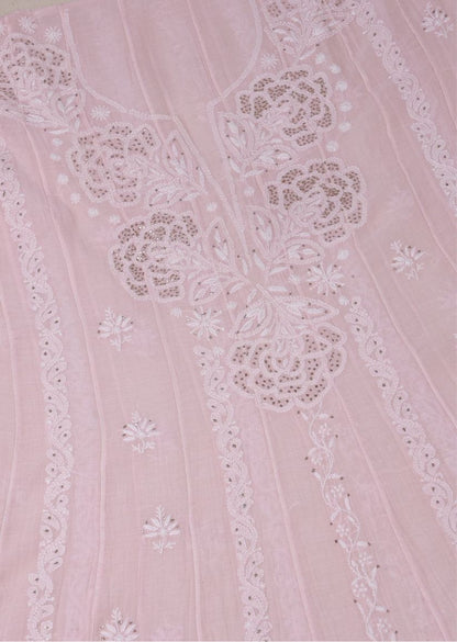 Firgun Blush Pink Lucknowi Chikankari Mul Chanderi Anarkali Styled Unstitched Kurta & Dupatta Set