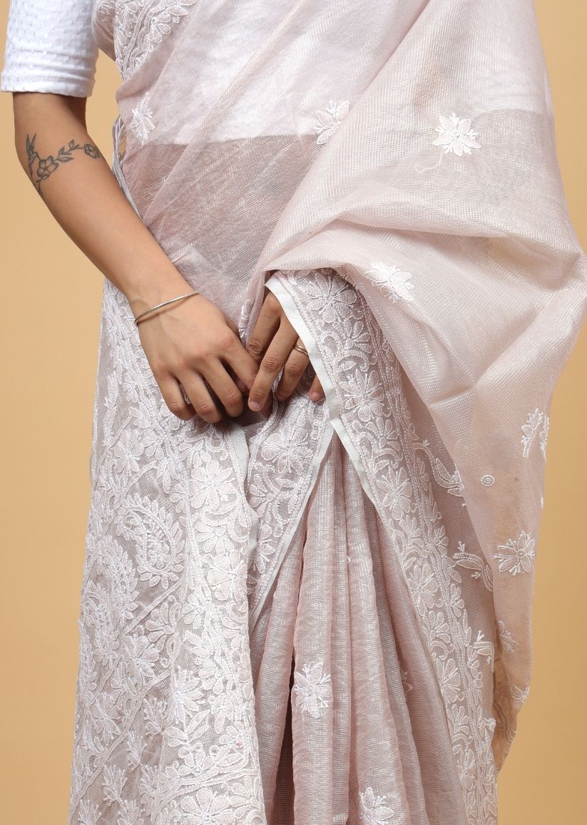 Firgun Pink Lucknowi Chikankari Tissue Organza Saree with Blouse Piece