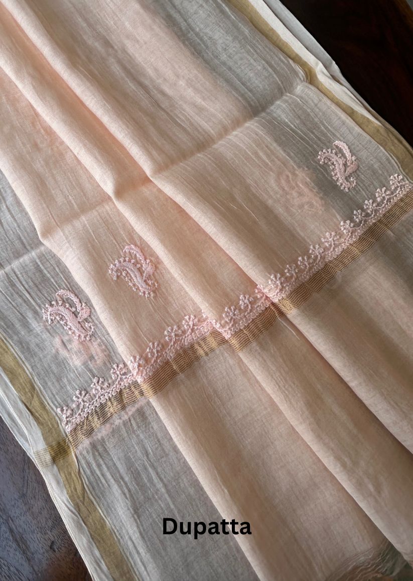 Firgun Pale Orange Lucknowi Chikankari Mul Chanderi Unstitched Kurta & Dupatta Set