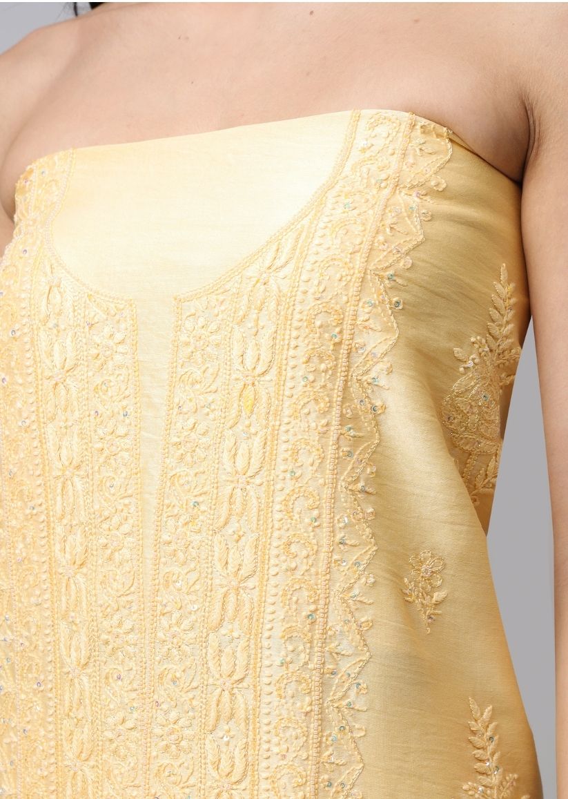 Firgun Yellow Lucknowi Chikankari with Pearl Work Chanderi Unstitched Kurta & Dupatta Set