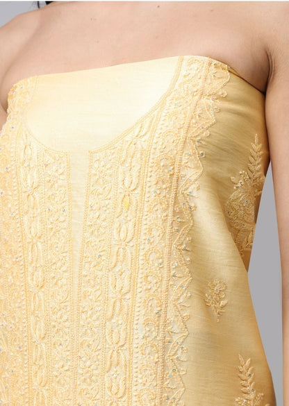 Firgun Yellow Lucknowi Chikankari with Pearl Work Chanderi Unstitched Kurta & Dupatta Set