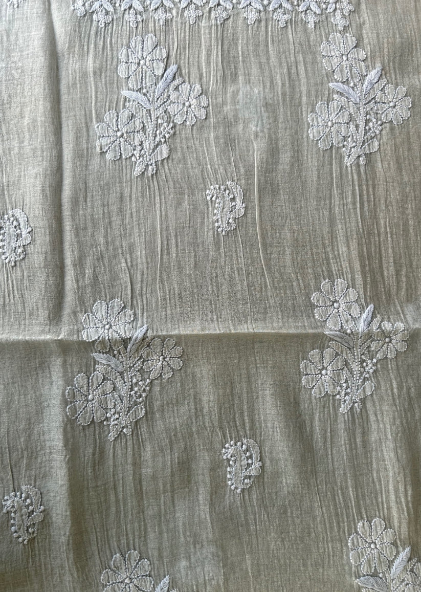 Firgun Grey Lucknowi Chikankari Mul Chanderi Unstitched Kurta & Dupatta Set