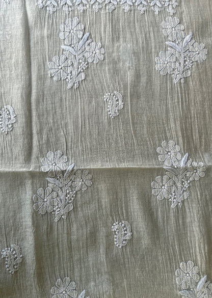 Firgun Grey Lucknowi Chikankari Mul Chanderi Unstitched Kurta & Dupatta Set