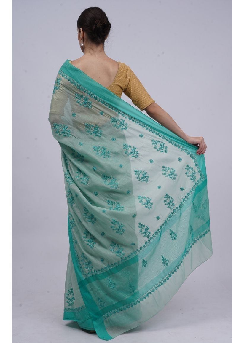 Firgun Green Lucknowi Chikankari Organza Tissue Saree with Unstitched Blouse Piece