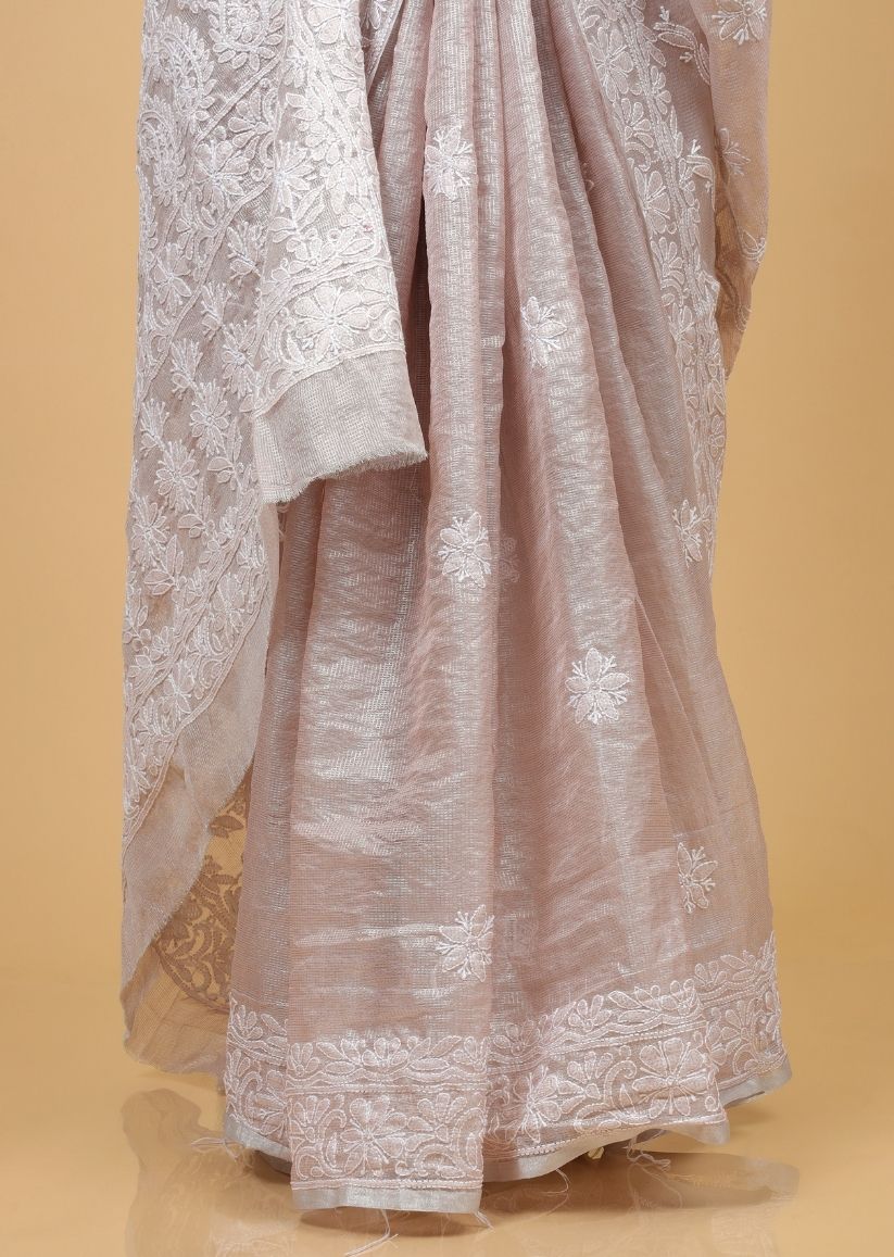 Firgun Pink Lucknowi Chikankari Tissue Organza Saree with Blouse Piece