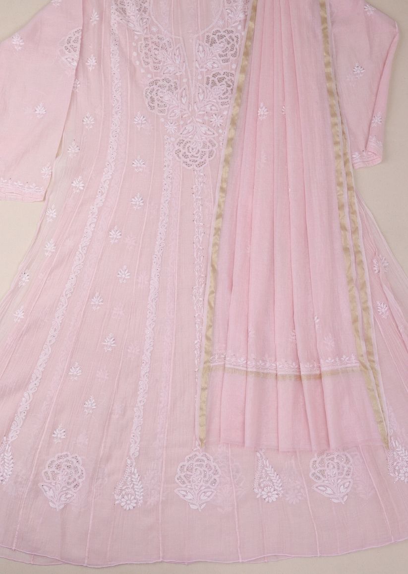 Firgun Blush Pink Lucknowi Chikankari Mul Chanderi Anarkali Styled Unstitched Kurta & Dupatta Set