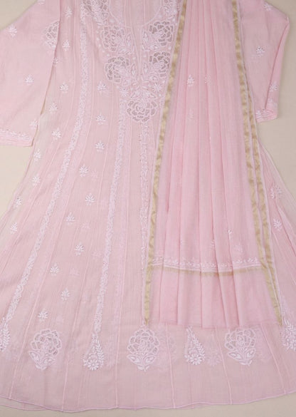 Firgun Blush Pink Lucknowi Chikankari Mul Chanderi Anarkali Styled Unstitched Kurta & Dupatta Set